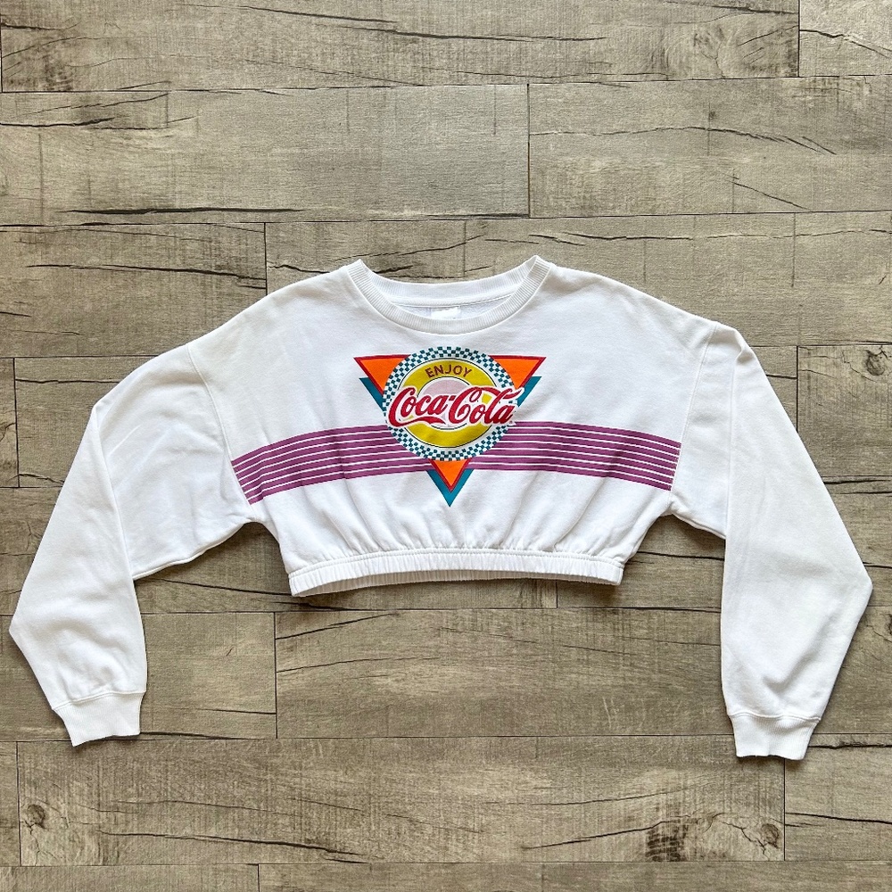 Retro Coca-Cola White 80s Neon Cropped Sweatshirt Festival Y2K 90s Logo Chic S